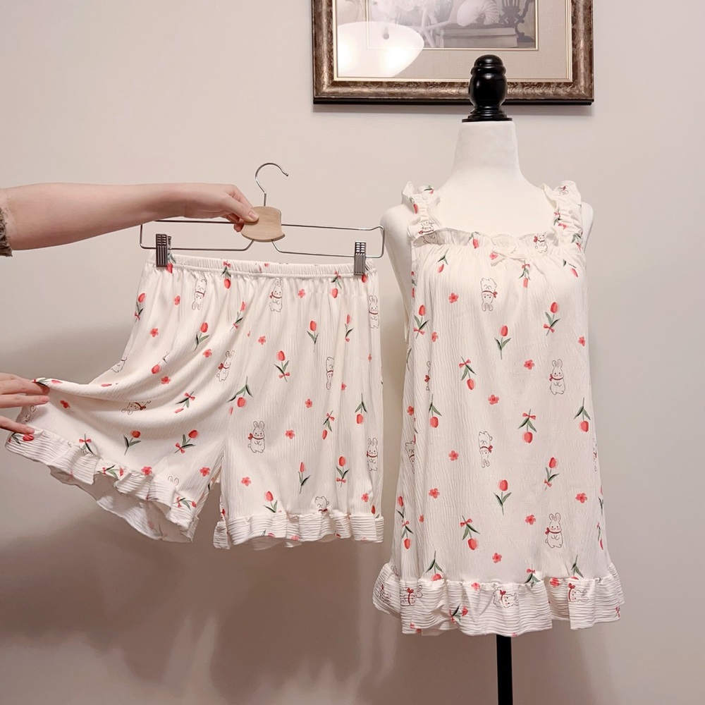 Bunny & Floral Cotton Pajama Set – Super Soft Ruffle Lounge Set